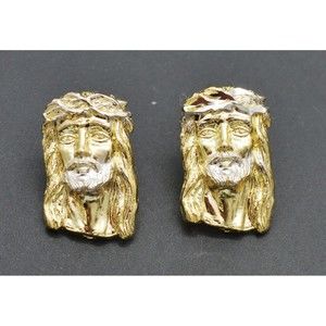 Real 10k Yellow Gold Jesus Head Diamond Cut Stud Earrings 2.7gr